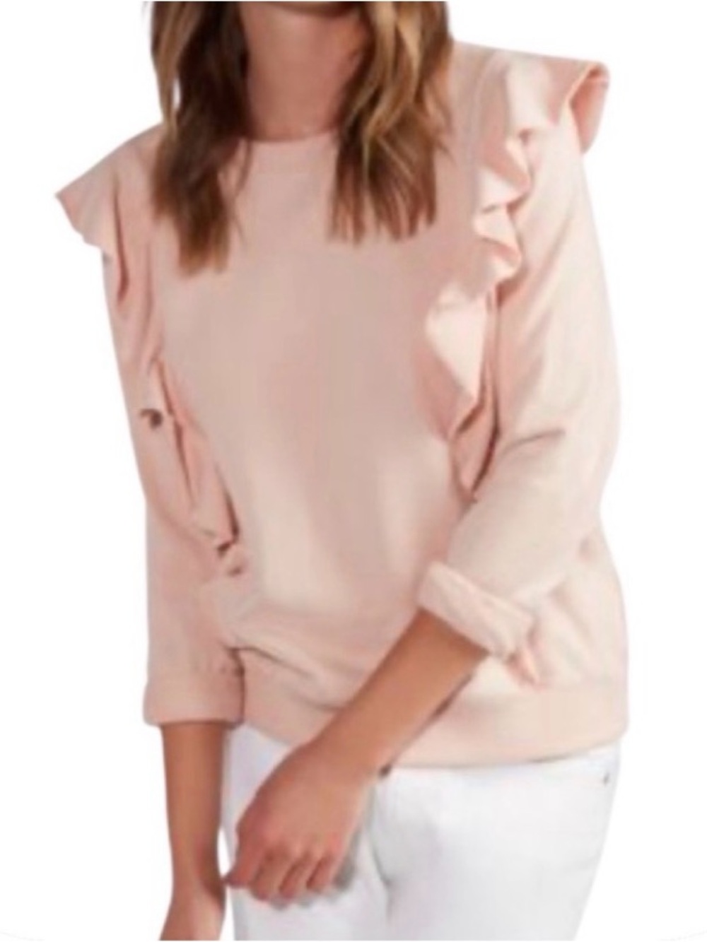 Avec Les Filles Light Pink Crewneck Ruffle Sweatshirt. Size S